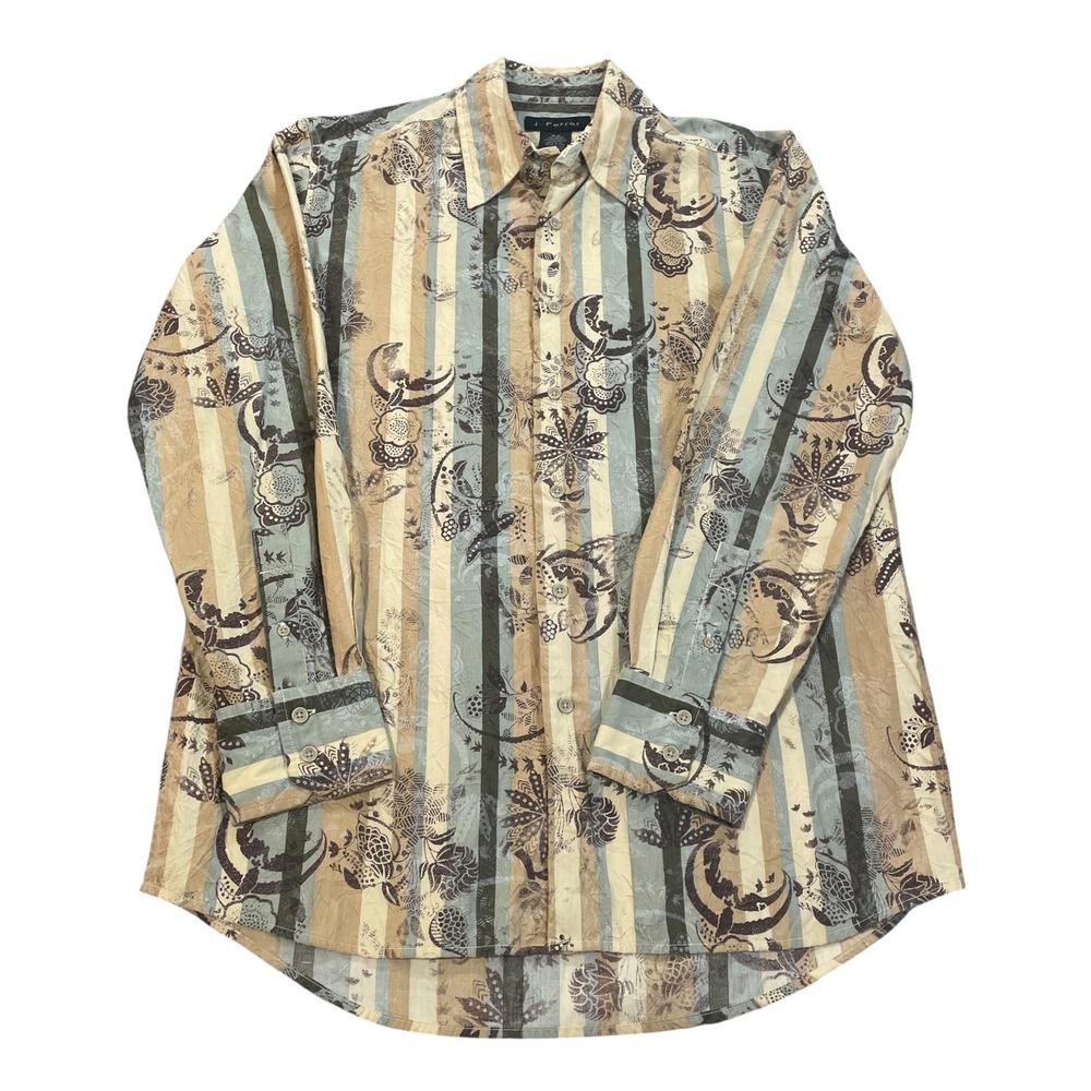 J. Ferrar Mens Medium Crinkle Stripe Floral Button Up Shirt Tan Blue Vintage Y2K